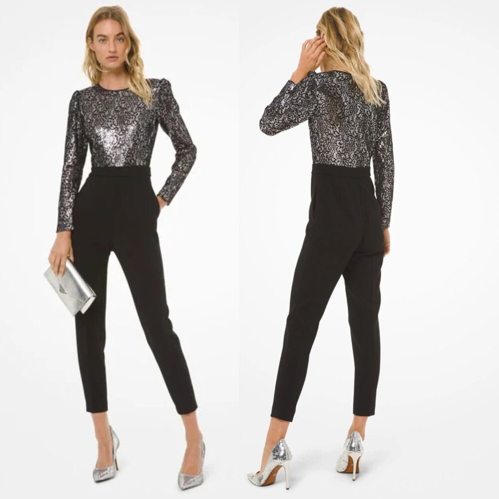 Michael Kors	Metallic Sequined Lace Tuxedo Jumpsuit